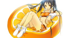 White anime girls black hair orange eyes twintails Simple 