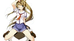 White anime girls brunettes school uniforms wink ponytails 