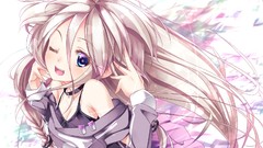 White Anime white hair skirts pink hair smiling long hair blue 