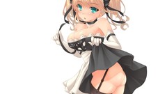 White ass green eyes miko cleavage twintails skirt lift