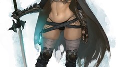 White background armor white hair Swords anime girls cleavage 