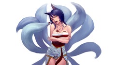 White background blue hair yellow eyes animal ears tails 