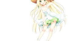 White background blush anime girls green eyes summer dress 