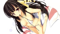 White background blush long hair anime girls brown eyes black 