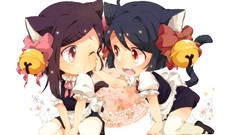 White background Chibi red eyes anime girls brunettes short 