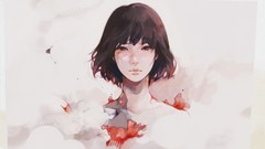 White background faces asians anime girls brown eyes brunettes 