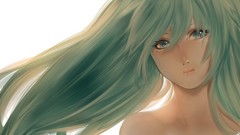 White background faces long hair green eyes hatsune miku 