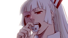 White background fangs white hair red eyes faces earrings bows 