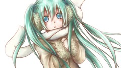 White background gloves coat scarfs blush long hair anime girls 
