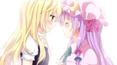 White background hats blondes blush long hair anime girls 