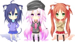 White background hats Chibi skirts blush blue hair pink hair 