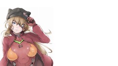 White background hats jackets caps badges long hair anime girls 