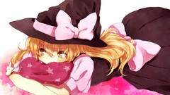 White background hats Ribbons blondes pillows long hair witches 