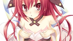 White background horns red eyes Ribbons anime girls redheads 