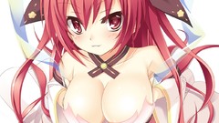 White background horns red eyes Ribbons blush long hair anime 