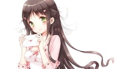 White background letter blush long hair anime girls green eyes 