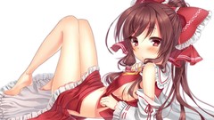 White background navel red eyes skirts blush long hair barefoot 