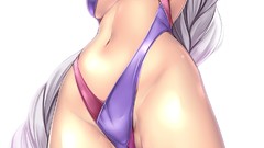 White background navel white hair long hair blue eyes braids 