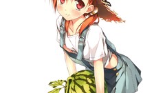 White background red eyes anime girls Straw Hat Kantoku 