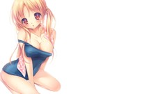 White background red eyes blondes blush anime girls cleavage 