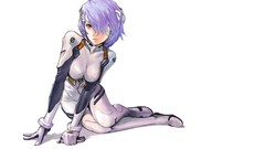 White background red eyes blue hair anime girls short hair neon 