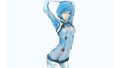 White background red eyes blue hair anime girls short hair neon 