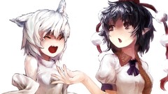 White background red eyes brunettes short hair gray hair touhou 