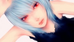 White background red eyes faces blue hair anime girls armpits 