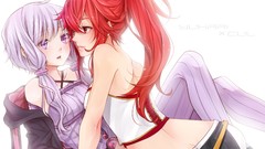 White background red eyes jackets hoodies long hair corset 