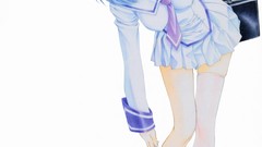 White background red eyes legs blue hair anime girls school 