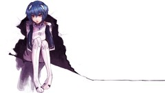 White background red eyes sitting blue hair anime girls short 