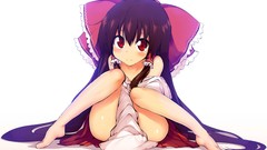 White background red eyes sitting bows blush long hair barefoot 