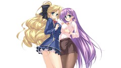 White background Ribbons blondes long hair anime girls blue 