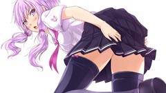 White background schoolgirls bows skirts blush long hair anime 