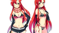 White background Shorts stockings long hair anime girls yellow 