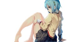 White background skirts blue hair anime girls blue eyes school 