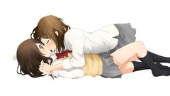 White background socks skirts kissing blush brunettes uniforms 