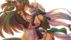 White background white hair long hair yellow eyes green hair 