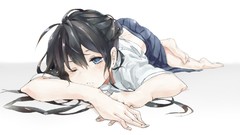 White barefoot anime girls blue eyes school uniforms wink 