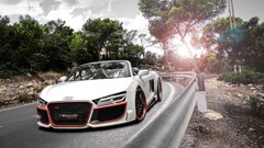 white cars Audi audi r8 vehicle front angle view Trees road