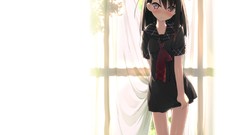 White dress tie blush anime girls black hair purple eyes hair 