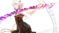 White dress white hair red eyes Ribbons bows pink hair long 