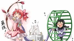 White glasses dress bows anime girls braids mahou shoujo madoka 