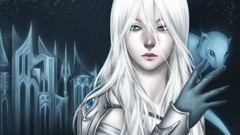 White hair anime girls blue eyes artwork