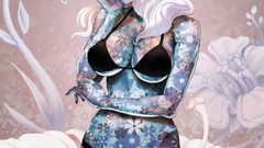 White hair anime girls green eyes cleavage bikini hentai