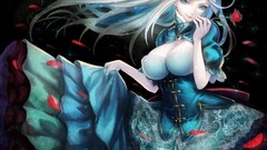 White hair blue eyes flower petals hair ornaments boobs 