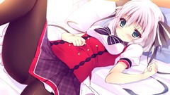 White hair blush anime girls pantyhose seifuku game cg lying 