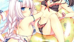 White hair blush long hair anime girls blue eyes black hair 