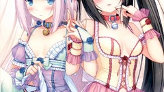 White hair blush long hair anime girls lingerie blue eyes black 