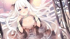 White hair blush purple eyes cleavage